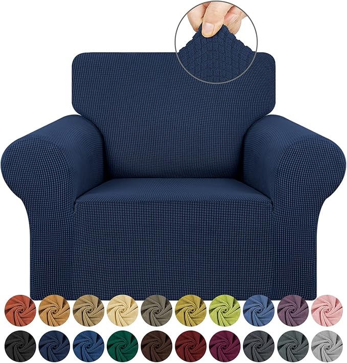 KEKUOU Stretch Single Sofa Slipcover 1 Piece Couch Sofa Cover (31"-55") Furniture Protector 1 Seater Sofa with Elastic Bottom for Kids,Pet.Jacquard Small Checked Pattern Fabric(Small,Navy Blue)