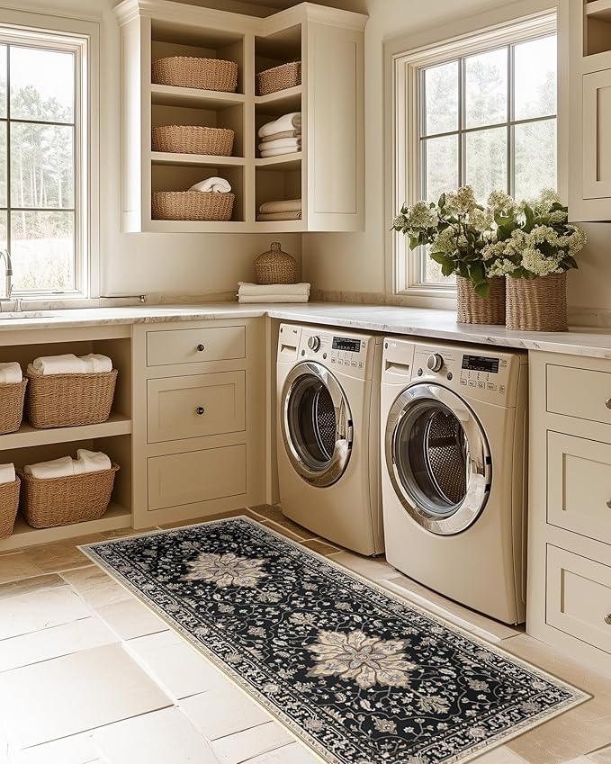 RELEANY Area Rugs 2'x6' Runner Rug Non Slip Washable for Kitchen Hallway Bedroom Beside Laundry Room Bathroom Rug, Floor Carpet, Black Brown Neutral Dark Tan