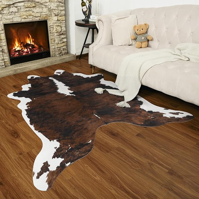 AROGAN Western Decor Faux Fur Cowhide Rug, 4.6x5.2 Feet Premium Animal Skin Cow Hide Rug, Sturdy Cow Print Rugs for Wall Decor, Western Floor Carpet for Bedroom Living Room, Black and Brown