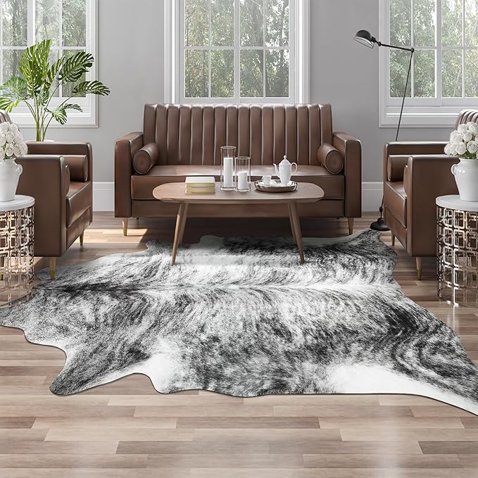 AROGAN Western Decor Faux Fur Cowhide Rug, 4.6 x 5.2 Feet Premium Animal Skin Cow Hide Rug, Sturdy Cow Print Rugs for Wall Decor, Western Floor Carpet for Bedroom Living Room, Black and Grey