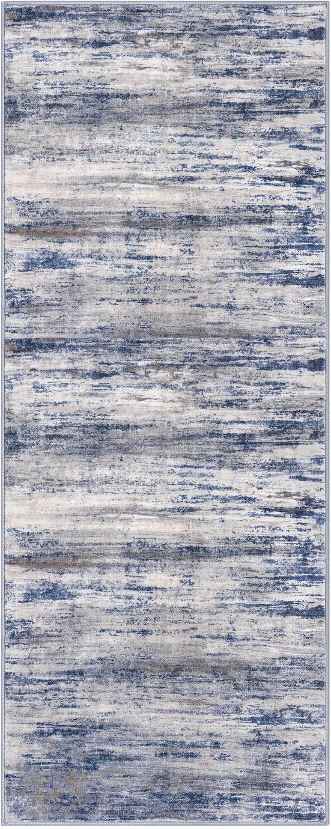 KOZYFLY Modern Abstract Washable Rug Runner 2x5 Hallway Rug Runner Non-Slip Soft Kitchen Runner Rugs, Grey-Blue Striped Carpet for Entryway Bathroom Laundry Room Foyer