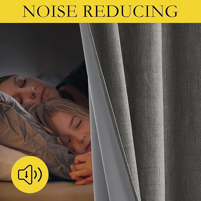 NICETOWN Grizzle Gray Vintage Linen 100% Blackout Curtains for Living Room, Thermal Insulated Curtains 120" Long, Noise Reducing Window Treatment Drapes for Hall Room, 52" Wide Per Panel, Set of 2
