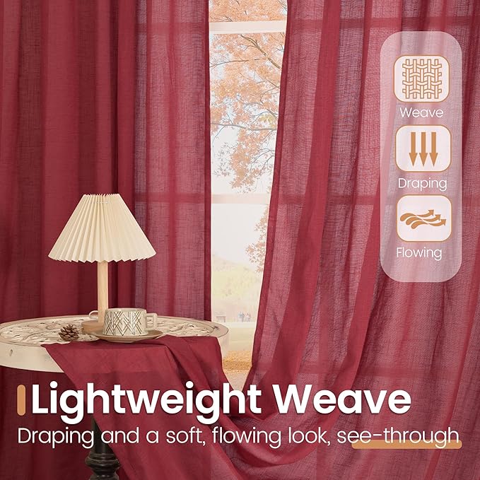 Curtain Panels in Burgundy, Linen Blend Light Filtering, Set of 2, 48 Inch