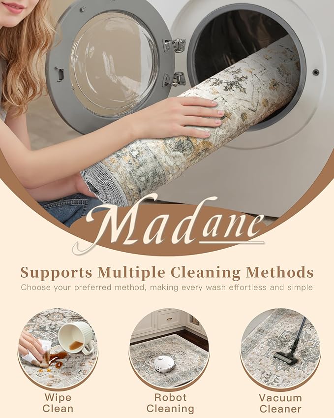 Madane Runner Rugs for Hallway 2x10 Long Washable Non-Slip Hallway Runner Rug Low-Pile Stair Kitchen Runner Soft Throw Carpet for Entrance Living Dining Laundry Room (Light Taupe Brown, 2 x 10)