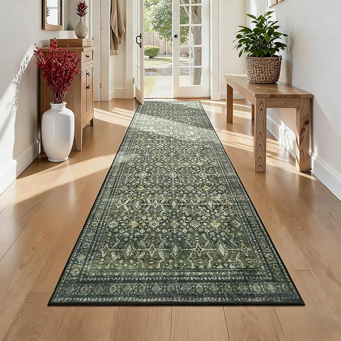 Lofus 2X 6 Area Rug, Green Washable Runner Rugs for Hallways with Non Slip Rubber Backing, Low Pile Soft Carpet Runner for Kitchen Bathroom Bedroom Laundry
