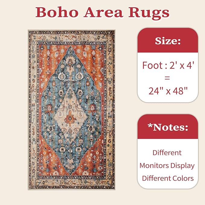 SERISSA 2x4 Boho Rugs for Entryway, Washable Non-Slip Kitchen Runner Rug, Ultra Soft Small Area Rug Vintage Tribal Low-Pile Door Mat Indoor Entrance Carpet for Bedroom Hallway Laundry Room Bathroom