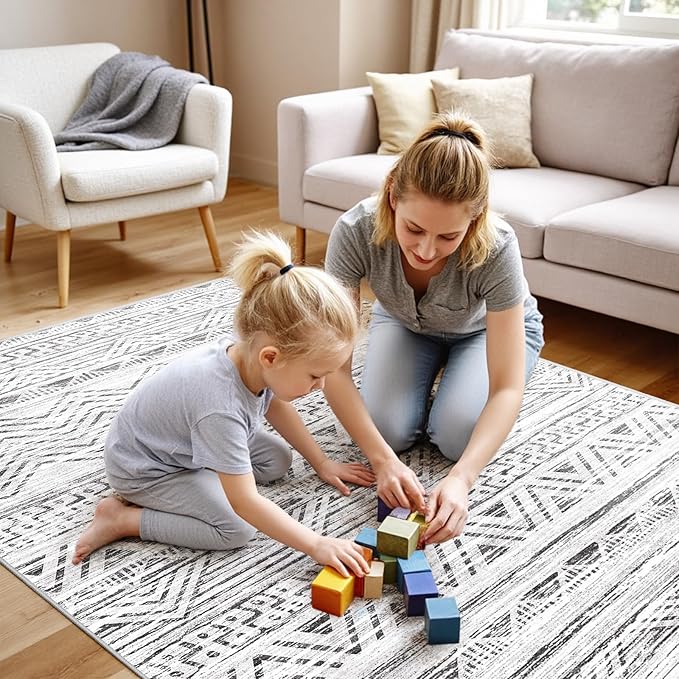 4x5 Washable Entryway Area Rug: Modern Moroccan Runner Rugs Indoor Soft Non Slip Door Mat for Living Room Low Pile Thin Floor Carpet for Kitchen Dining Room Bedroom Home Office Decor(4x5,Grey)