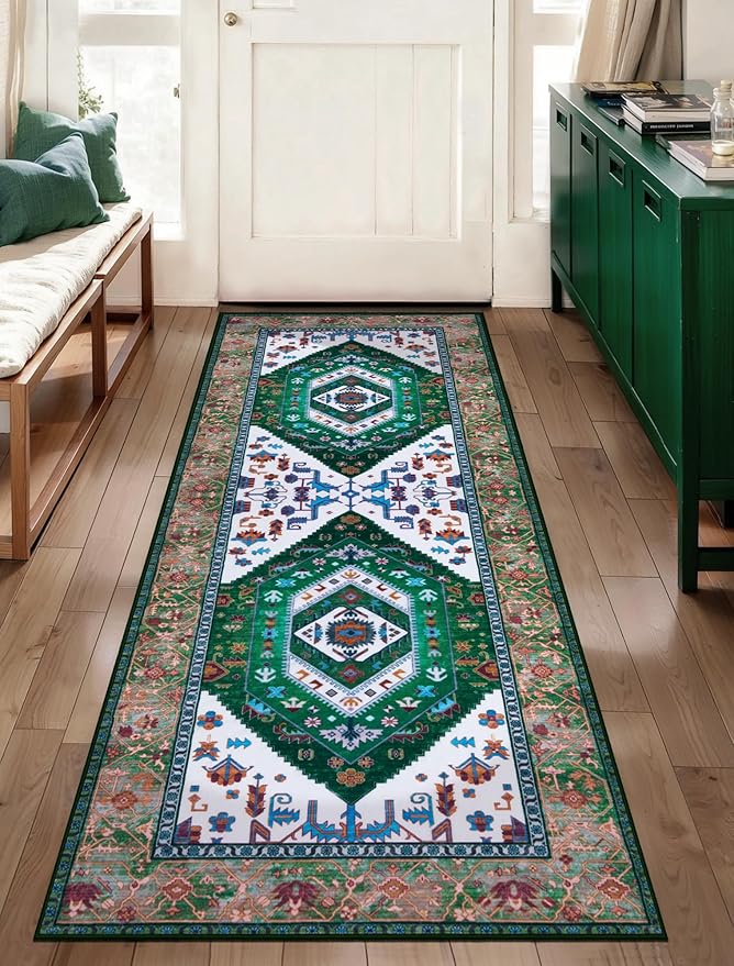 SERISSA Boho Washable Runner Rug, 2x6 Rug Runner Non-Slip Vintage Green White Hallway Kitchen Runner Rug Ultra Soft Print Distressed Floor Carpet Runner for Bedroom Bathroom Laundry Living Room