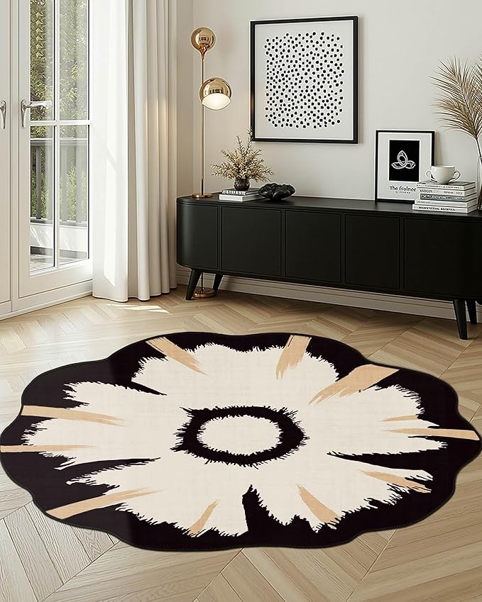 Latte&Fog Round Area Rug for Living Room, Modern Floral Washable Circle Rug, Boho Non Slip Low Pile Carpet for Bedroom, Dining Room, Entrance and Hallway(4ft Round)