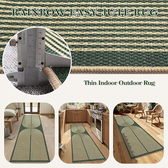 Lahome Enfys Modern Rainbow Easy Jute Kitchen Runner, 2x8 Indoor Outdoor Runner Rug for Hallway Entryway, Farmhouse Dark Green Non Slip Floor Carpet for Bedroom Foyer Laundry Room