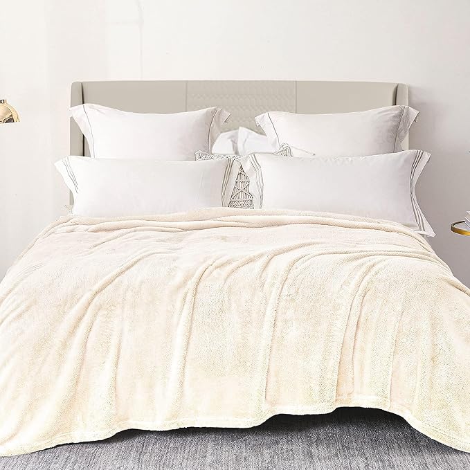 Exclusivo Mezcla Plush Fuzzy Fleece Bed Blanket Queen Size, Super Soft, Fluffy and Warm Blankets for Couch, Bed, All Season (Ivory, 90x90 inches)