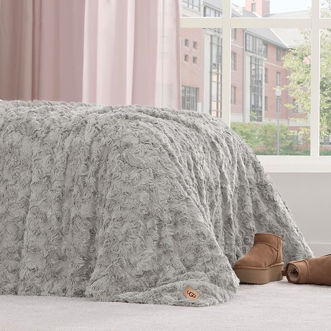 UGG Adalee Faux Fur Twin Blanket, Fluffy Blanket for Bed, Cozy Oversized Throw for Couch, Washable Twin XL Bedding, Luxury Home Decor, 66" x 90", Seal Grey