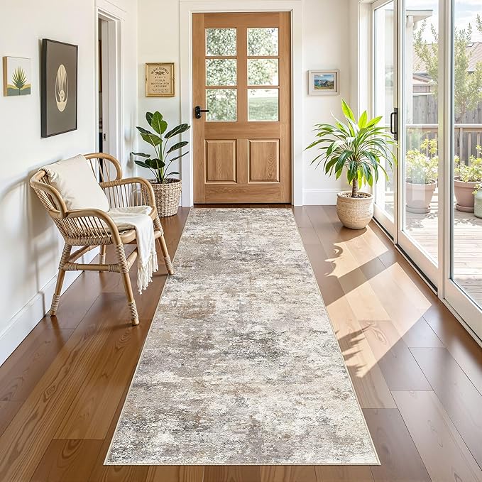 UERMEI 3X8 Washable Runner Rug for Hallway: Soft Neutral Modern Abstract Area Rug - Non-Slip Low Pile Long Throw Indoor Carpet for Kitchen Entryway Kitchen Bedroom Laundry Bathroom - Brown Grey