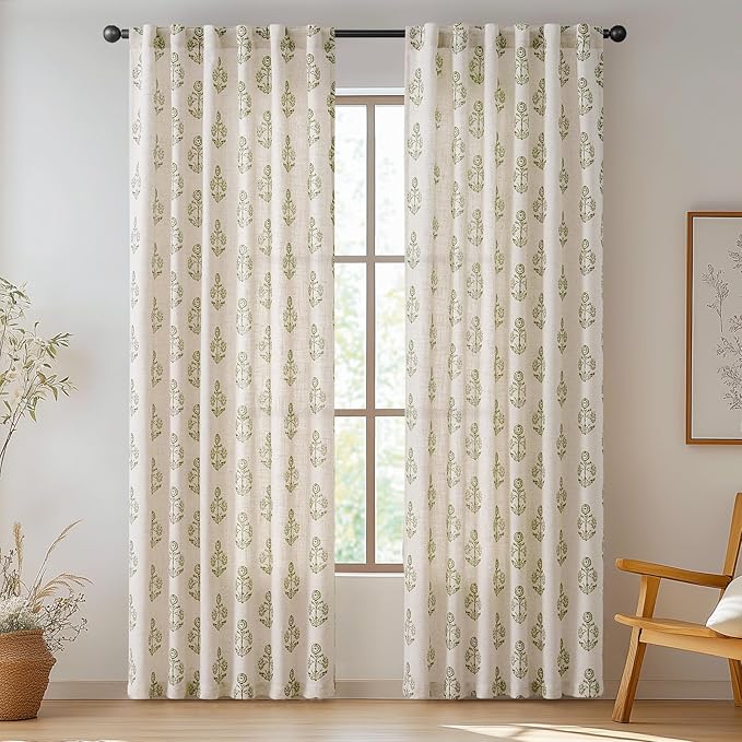 jinchan Linen Floral Curtains for Living Room 84 Inch Length Green Flower Cottage Core Farmhouse Curtains Rod Pocket Back Tab Boho Semi Sheer Window Drapes Bedroom Set 2 Panels Green on Beige