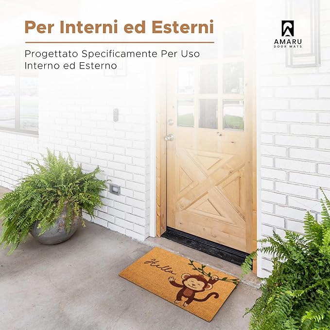 Monkey - 17"x29" - Coir Door Mat with Heavy Duty Backing - Welcome Mats for Entryway, Porch - Anti-Slip PVC & Coconut Fiber Surface - Natural Home Accessories, Minimalist Original Design
