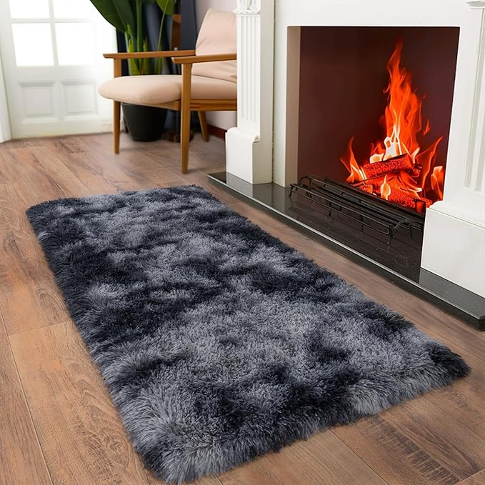 Ultra Soft Runner Rugs for Bedroom Hallways with Upgraded Non-Slip Rubber Backing & Thick Memory Sponge, 2 Packs 2x4 Feet Fluffy Shag Throw Area Rug for Bedside Dorm Tie-dye Dark Grey
