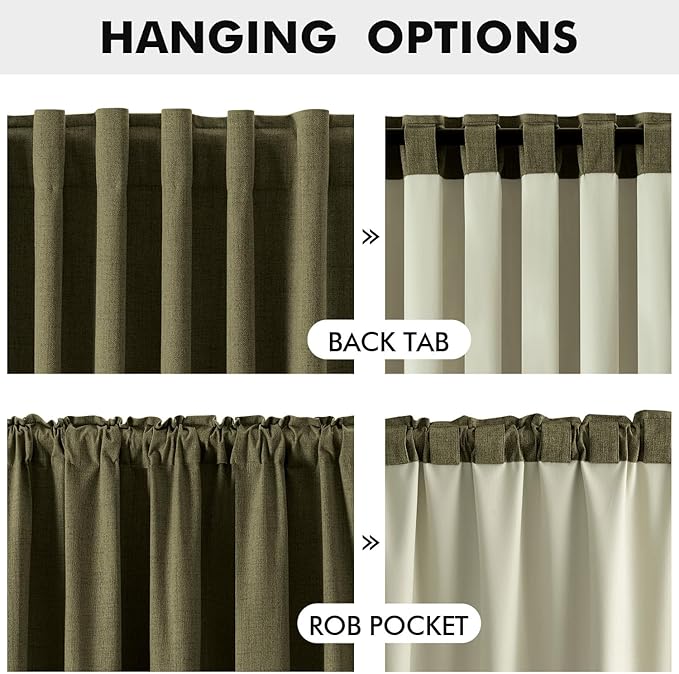 MIULEE 100% Blackout Linen Curtains for Bedroom, Light Olive Green Solid Luxury Decor Thermal Insulation Room Darkening Drapes for Living Room Nursery Back Tab Rod Pocket 42 x 90 Inches, 2 Panels