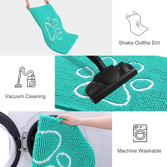 Smiry Dog Door Mat for Muddy Paws, Absorbent Dirt Trapper Non Slip Quick Dry Washable Chenille Mat for Mud Dogs, Entry Rug for Indoor and Outdoor (36x24 Inches, Turquoise and White)
