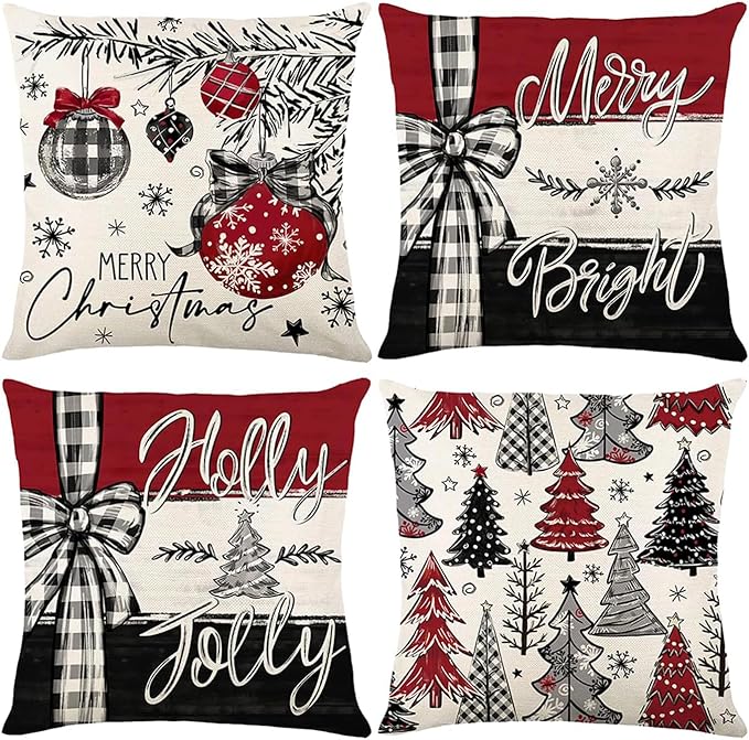 ONFAON Christmas Decorations - Merry Christmas Trees Red Throw Pillow Covers 18x18 Set of 4,Winter Holiday Decor Throw Cushion Case for Home Couch