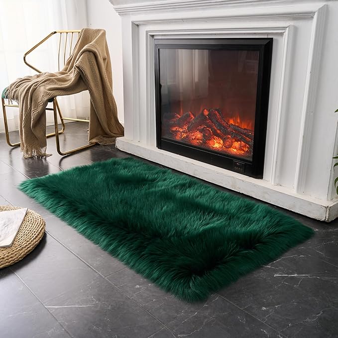 EasyJoy Ultra Soft Fluffy Shaggy Area Rug Faux Fur Rug Chair Cover Seat Pad Fuzzy Area Rug for Bedroom Floor Sofa Living Room (2 x 4 ft Rectangle, Dark Green)