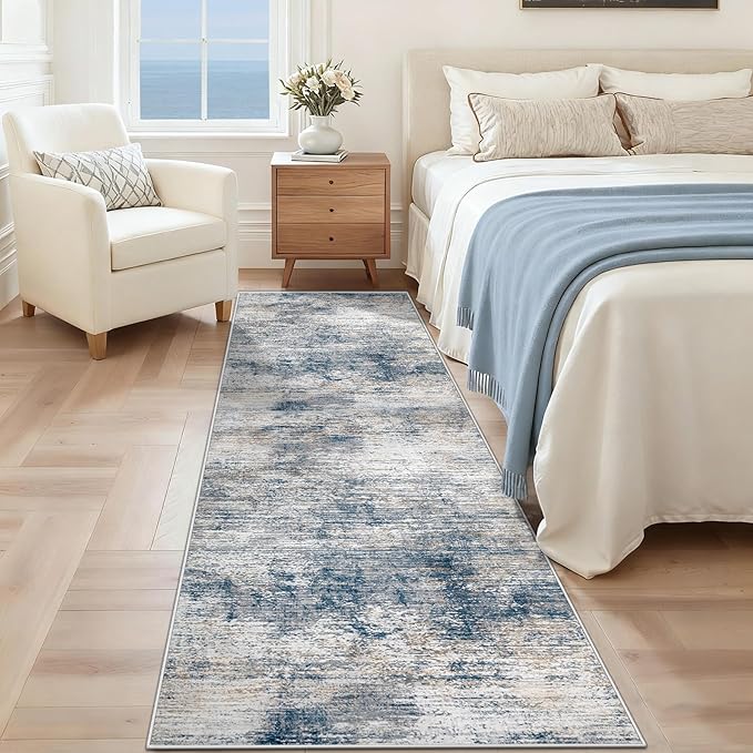2x7 Runner Rug for Hallway, Washable Modern Abstract Runner Rugs Neutral Soft Non Slip Kids Rug Stain Resistant Indoor Runners for Entryway Bedroom Kitchen Laundry Room(BlueWhite, 2'x7')
