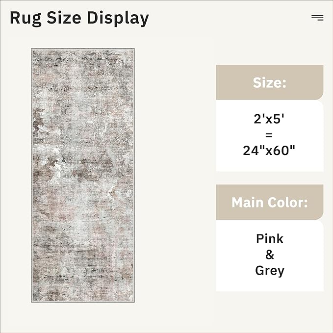 Runner Rug 2x5 Washable Non-Slip Kitchen Runner Rugs for Bathroom Laundry Room Pink/Grey Vintage Floor Carpet Runners for Hallway Entryway