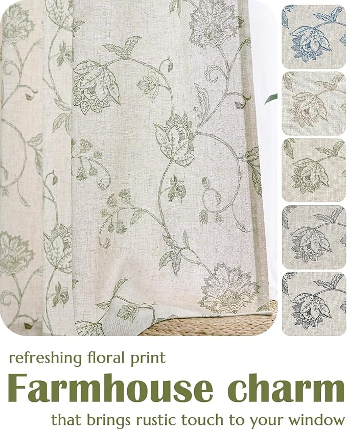 jinchan Linen Curtains Floral Curtains 96 Inch Length for Living Room Bedroom Light Filtering Rod Pocket Back Tab Farmhouse Curtains Flax Linen Texture Window Drapes Set 2 Panels Green on Linen
