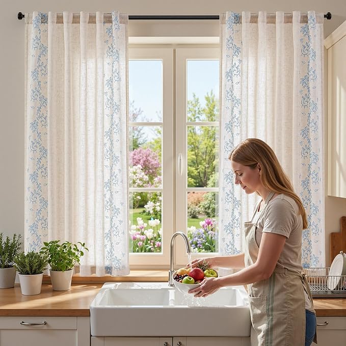 jinchan Evelyn Embroidered Linen Curtains 63 inch Floral Curtains for Living Room Bedroom Farmhouse Cottagecore Semi Sheer Light Filtering Window Drapes Rod Pocket Back Tab 2 Panels W50 x L63 Blue