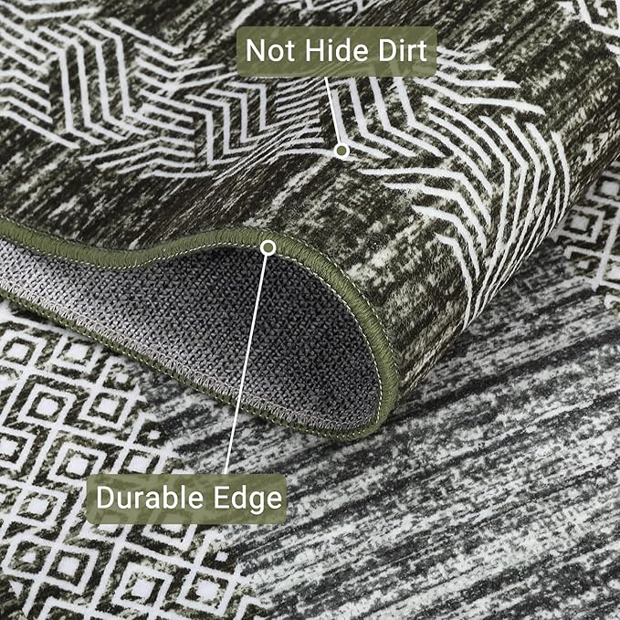 GarveeHome 2x6 Modern Bordered Runner Rug Soft Non Slip Runner Washable Non Shedding Floor Carpet, Distressed Geometric Hallway Runner, Indoor Printed Runner for Kitchen, Entrance, Green