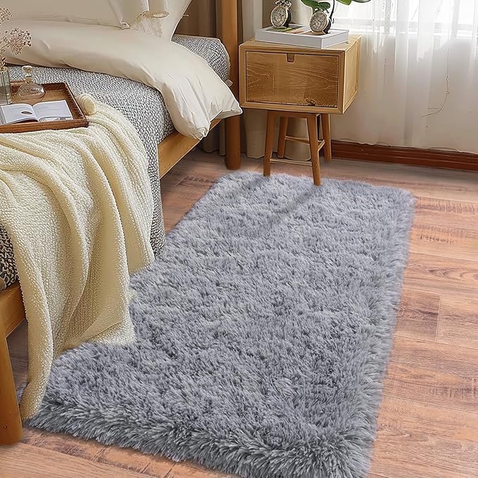 Soft Runner Rugs for Bedroom Hallways, 2x4 Grey Fluffy Shag Throw Area Rug Non Slip for Bedside Dorm, Long Shaggy Furry Carpet for Nursery Living Room