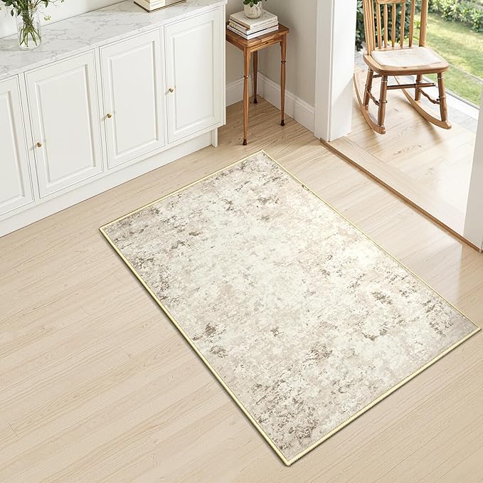 Toneed Entryway Rug 2x3 Door Mat for Indoor Entrance, Washable Small Throw Rug for Kitchen Floor, Front Door, Bedroom Bedside, Non-Slip Low Pile, Abstract Beige