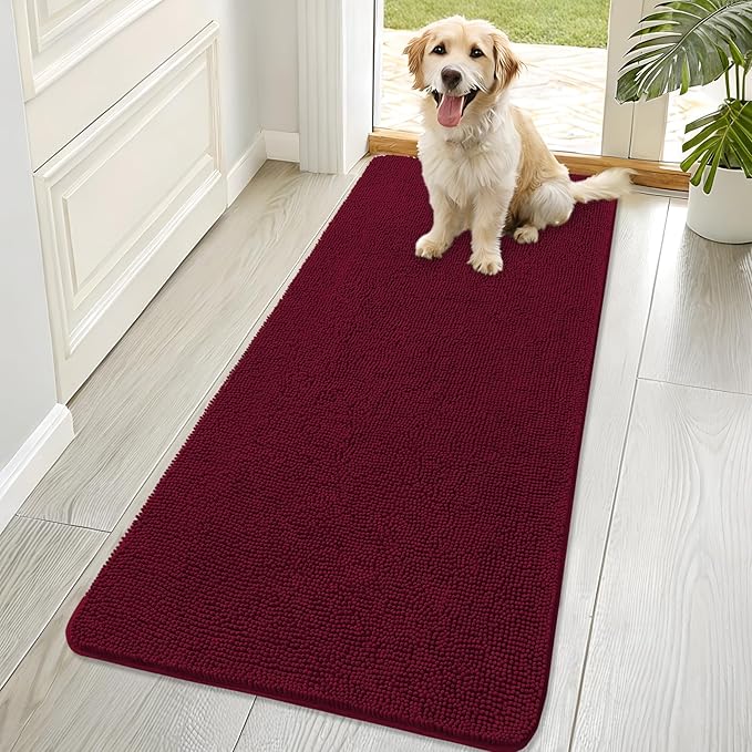 OLANLY Dog Door Mat for Muddy Paws 70x32, Absorbs Moisture and Dirt, Absorbent Non-Slip Washable Doormat, Quick Dry Chenille Mud Mat for Dogs, Entry Indoor Entryway Carpet for Inside Floor, Burgundy