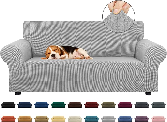 KEKUOU Stretch Loveseat Sofa Cover Slipcover,Couch Covers for 2 Cushion Couch Sofa (55"-78") Furniture Protector Sofa with Elastic Bottom for Kids,Dog. Jacquard Small Checked (Medium,Silver)