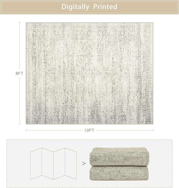Washable Rugs 8x10 Area Rugs for Living Room,Bedroom,Dining Room- Large Ultra Soft Faux Wool Retro Carpets,Non Slip&Non-Shedding Low Pile Vintage Print Rug for Home Office Decor-Beige