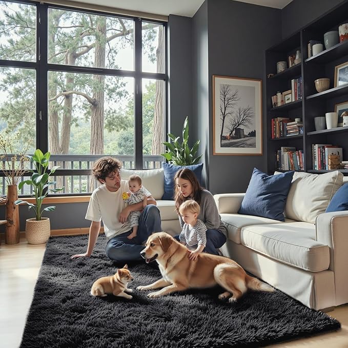 Area Rugs 10x14 Living Room, Shaggy Carpet Soft Plush Furry Bedside Rug Large Area Rugs for Bedroom Kids Girls Boys Home Decor Anti Slip(10 x 14, Black)