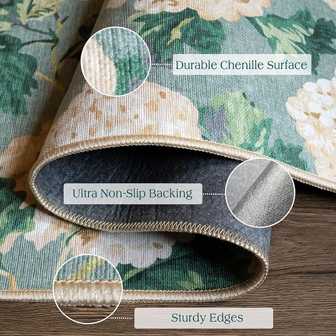 Front Door Mat Indoor Entrance - 2x4.3 Ft Spring Washable Layered Doormat Outdoor Entrance Porch Rug Non-Slip Sage Green Beige Floral Runner Rug for Kitchen Bedroom Laundry Room Porch Decor
