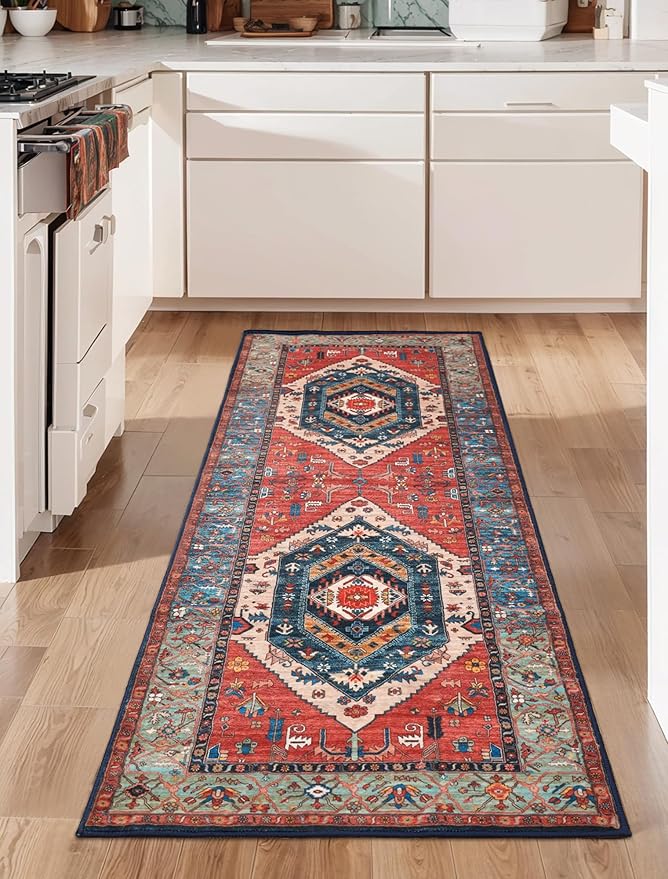 SERISSA Boho Washable Runner Rug, 2x6 Rug Runner Non-Slip Vintage Rust Hallway Kitchen Runner Rug Ultra Soft Print Distressed Tribal Floor Carpet Runner for Bedroom Bathroom Laundry Living Room