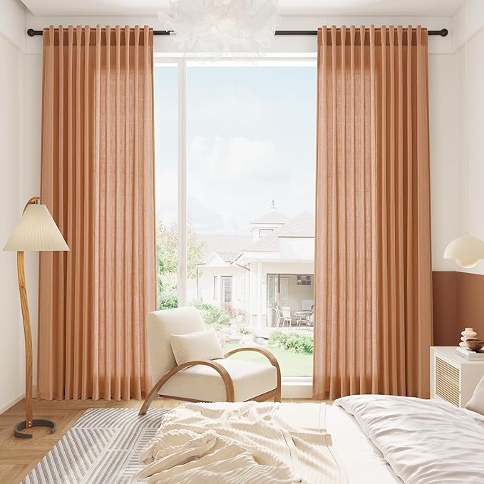 Nanspring Peach Quartz Linen Curtains 108 Inch Length 2 Panel Set Back Tab Loop Pocket Light Filtering Semi Sheer Boho Style Extra Long Drapes for High Ceiling Living Room 52x108