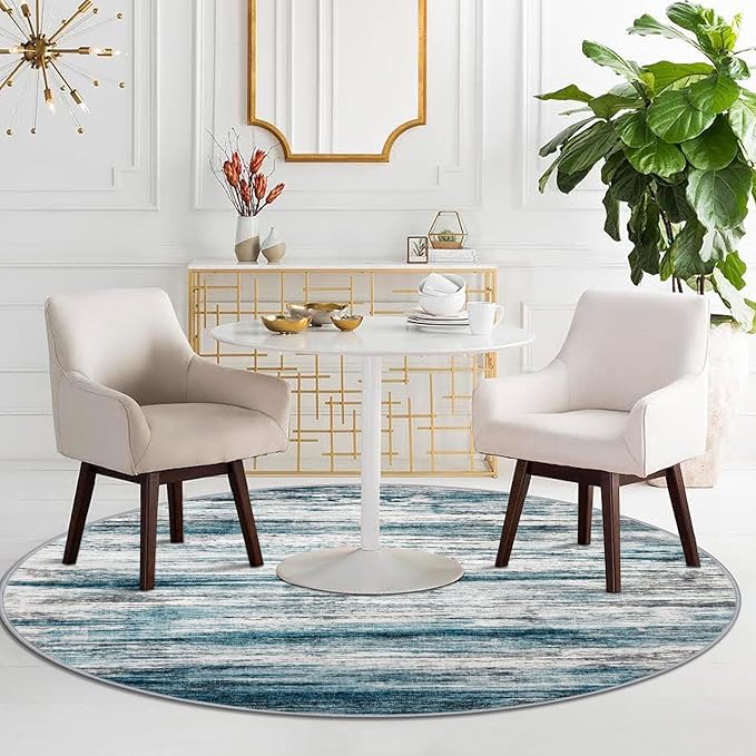 KOZYFLY Modern Abstract Round Area Rug 5Ft, Washable Kitchen Rug Non-Slip Soft Bathroom Circle Rug, Blue Striped Entryway Rugs Print Faux Wool Doormat for Bedside Entrance Bedroom Sink