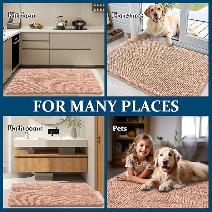 OLANLY Dog Door Mat for Muddy Paws 44x32, Absorbs Moisture and Dirt, Absorbent Non-Slip Washable Doormat, Quick Dry Chenille Mud Mat for Dogs, Entry Indoor Entryway Carpet for Inside Floor, Peach
