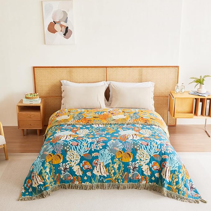 MSGKV Throw Blanket for Bed Cotton Cute Ocean Animals Twin Size Couch Blanket 60"x80" Muslin Spring Breathable All Seasons Lightweight Farmhouse Home Decor