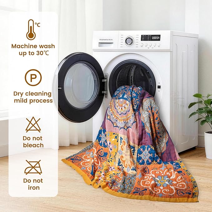 MSGKV Boho Throw Blanket for Bed 90"x90" 100% Cotton Blanket Spring Breathable Lightweight Queen Size Blankets Home Decor Muslin All Seasons