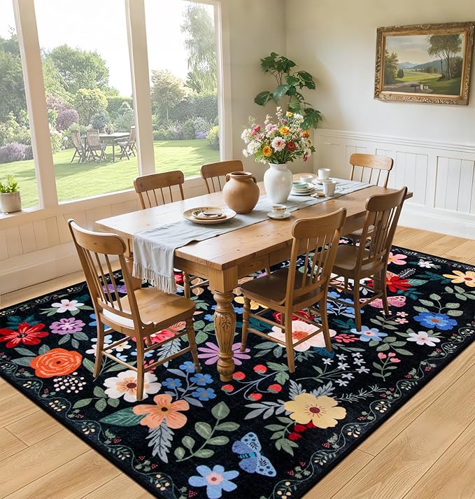 Area Rug Living Room Rugs: Floral 5x7 Washable Rug Vintage Soft Boho Non-Slip Carpet Indoor Floor Stain Resistant Large Carpets for Bedroom Dining Room Farmhouse Nursery Hallway Home Office Black