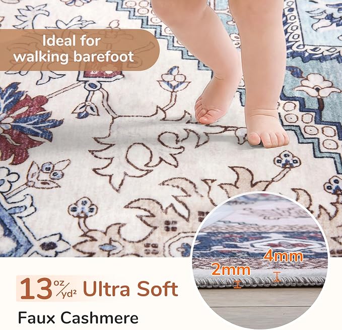 OPPODREAM Soft 6x9 Area Rugs, Washable Rug 6x9 with Non Slip Backing, Faux Cashmere Low-Pile 6 x 9 Carpet, Navy Blue & Red & Cream