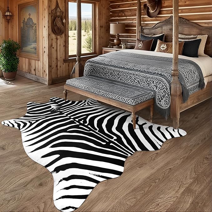 AROGAN Premium Faux Zebra Hide Rug 6.2 x 7 Feet, Sturdy and Large Size Zebra Print Rugs, Suitable for Bedroom Living Room Western Decor, Faux Fur Animal Carpet, Black and White