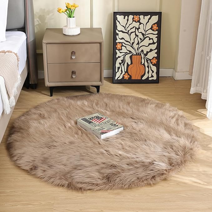ORINOVA Beige 3ft Round Fluffy Shaggy Rug Washable Soft Area Rug for Living Room Bedroom Cute Room Decor Circle Nursery Rug Faux Fur Carpet