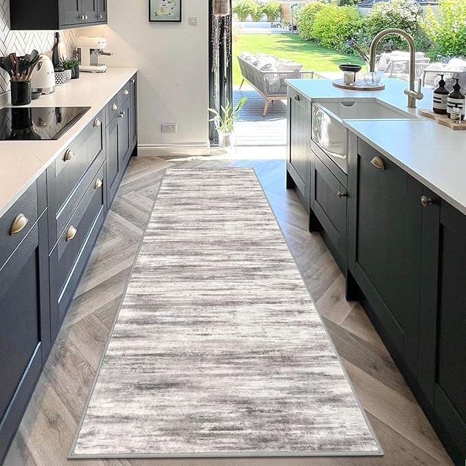 KOZYFLY 3x10 Ft Rug Modern Ombre Runner Rug for Hallway, Washable Kitchen Rugs Non-Slip Soft Striped Entryway Rug, Print Grey/Light Beige/Brown Abstract Carpet for Laundry Nursery