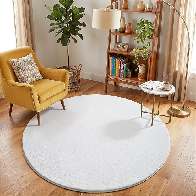 Amearea White Round Area Rugs 4ft Washable Circle Rugs for Bedroom Living Room, Fluffy Indoor Thickened Memory Foam Rug, Non Slip Minimalist Circular Carpet for Kids Boys Girls Dorm Nursery Room Decor