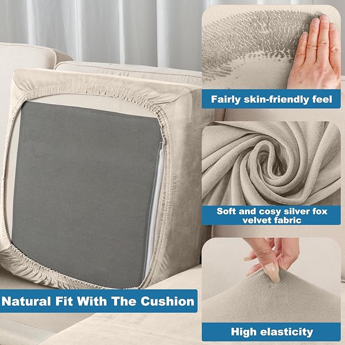 Couch Cover 8-Piece Elastic Velvet Couch Cushion Covers & Chaise Slipcovers for L-Shaped Sofas - Sofa Seat Covers Washable, Soft Protector for Couches (7 Seater + Chaise, Taupe)