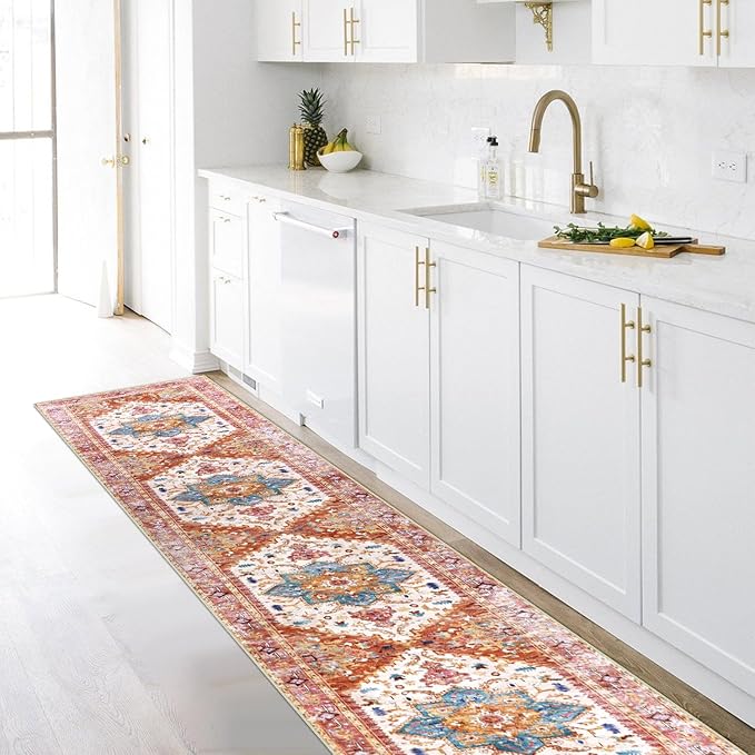 Yamaziot Washable Runner Rug, 2x10 Non-Slip Boho Vintage Hallway Rug Runner with Rubber Backing, Stain Resistant Distressed Carpet Runner for Bedroom, Kitchen, Laundry, Entrance